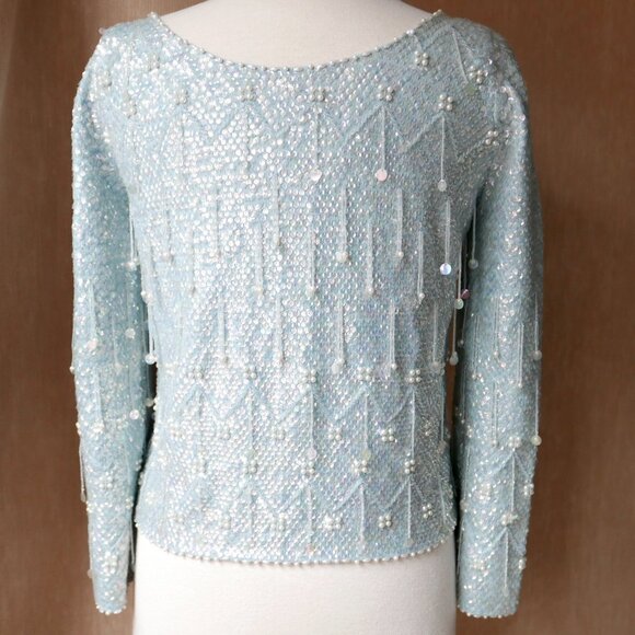 Light Blue Beaded Sequin Cardigan Sweater Top - Picture 3 of 10
